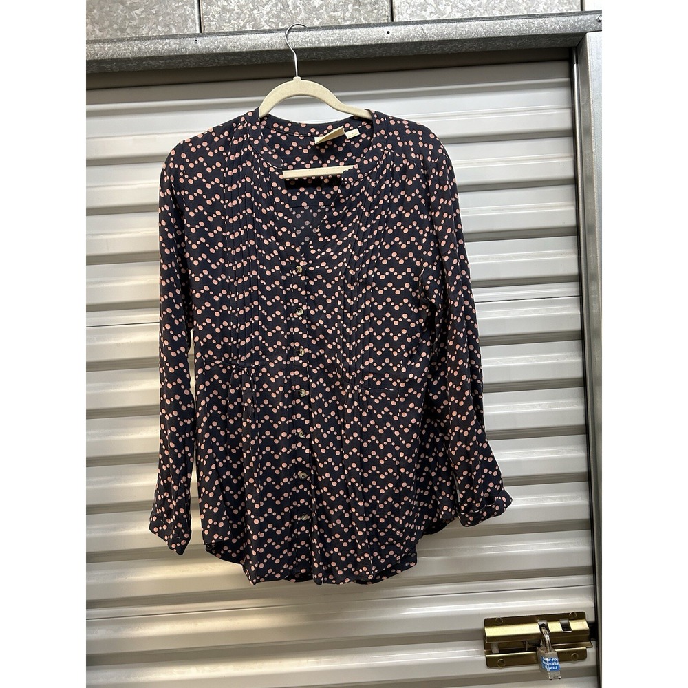 Anthropologie Maeve Women Polka Dot Blue Pink LS Size M Roll Tab Blouse